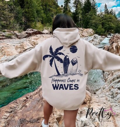 Happiness Comes In Waves Hoodie, Women's Aesthetic Sweatshirt, Vsco Hoodie, Retro Summer Tshirt