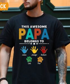 Personalized Papa Shirt, Fathers Day Shirt, This Awesome Papa Belongs To, Custom Dad Shirt with Kids and Pets