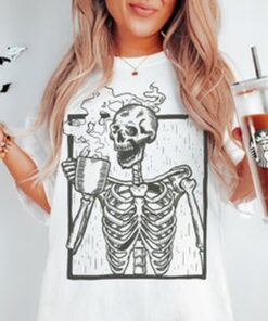 Skeleton Drinking Coffee Tee, Death Before Decaf T-shirt, Boho Tee, Comfort Colors T-shirt