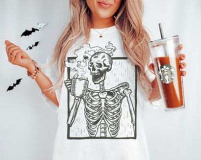 Skeleton Drinking Coffee Tee, Death Before Decaf T-shirt, Boho Tee, Comfort Colors T-shirt