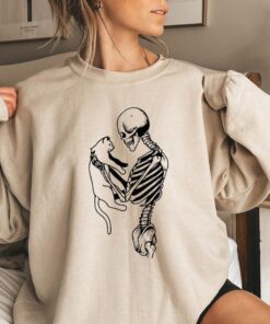 Skeleton Sweatshirt,Skeleton And Cat Hoodie, Cat lover shirt