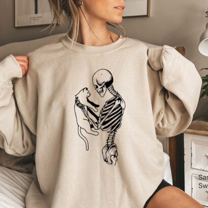 Skeleton Sweatshirt,Skeleton And Cat Hoodie, Cat lover shirt