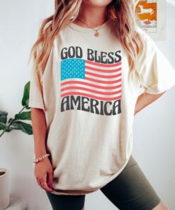 Comfort Colors God Bless America Shirt, Groovy Vintage USA Flag Shirts