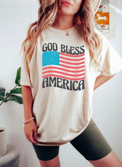 Comfort Colors God Bless America Shirt, Groovy Vintage USA Flag Shirts