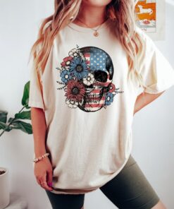 Comfort Colors 4th of July Floral Skull Shirt, 4th of July Skeleton Shirt