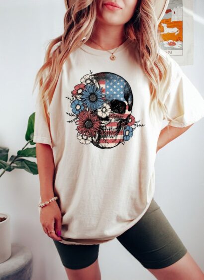 Comfort Colors 4th of July Floral Skull Shirt, 4th of July Skeleton Shirt