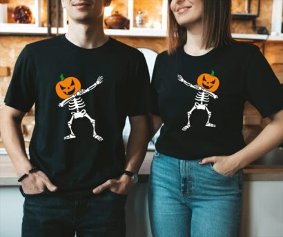 Halloween Dancing Skeleton Shirt, Pumpkin Shirt, Skeleton and Pumpkin Shirt for Halloween, Skeleton Dancers Shirt