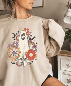 Flower Ghost Halloween Comfort Colors Sweatshirt, Womens Cute Pumpkin Halloween Shirt