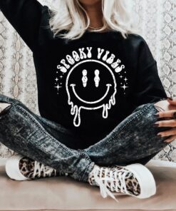 Spooky Vibes Smiley Face Halloween Sweatshirt, Spooky Mom Comfort Colors Shirt