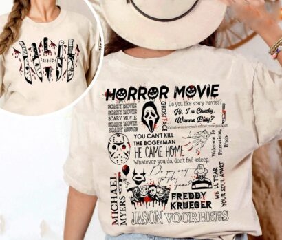 Vintage Halloween Horror Character 2-Sided Sweatshirt, Horror Character Quotes Hoodie, Horror Movie Shirt