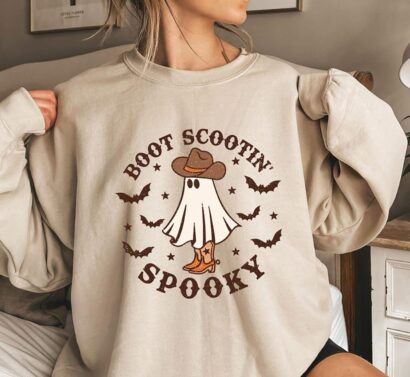 Boot Scootin Spooky Sweatshirt and Hoodie, Cowboy Ghost Shirt, Western Halloween Shirt