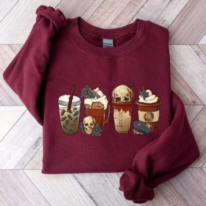 Halloween Coffee Sweatshirt, Spooky Coffee Sweatshirt, Halloween Skeleton Shirt