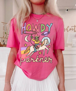 Cosmic Cowboy UFO Shirt, Retro Alien Graphic Comfort colors shirt, Cute Alien Howdy Partner Graphic Slogan Tee, Colorful Space Shirt