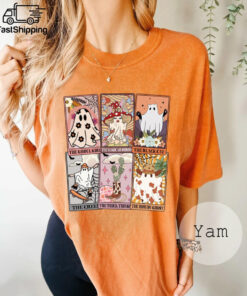 Retro Halloween Ghost Tarot Cards Comfort Colors Shirt, The Black Cat The Ghoul Girl The Thick Things Howdy Ghost The Creep Magic Mushroom