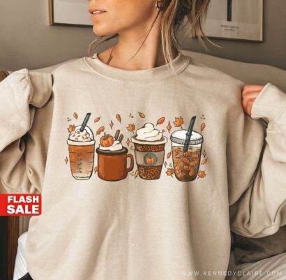 Fall Coffee Sweatshirt For Women, Vintage Thanksgiving Sweater