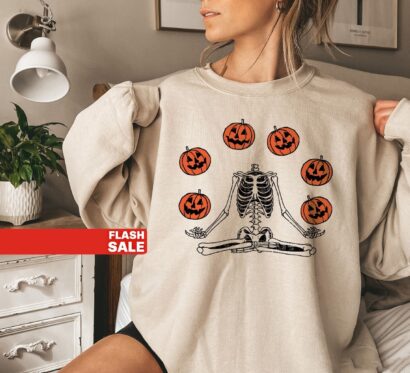 Pumpkin Halloween Sweatshirt, Skeleton Halloween Shirt, Pumpkin Shirt