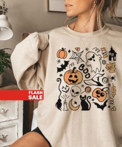 Vintage Halloween Sweatshirt, Ghost Cat Halloween Sweater