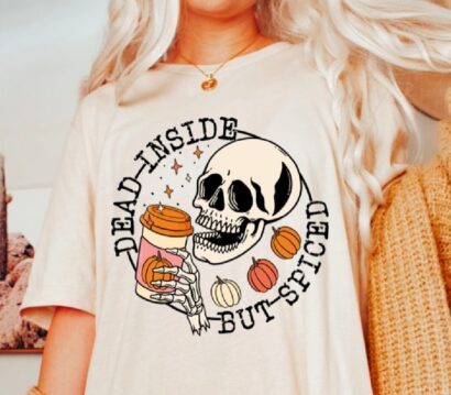 Pumpkin Spice Fall Coffee Shirt, Dead inside Halloween shirt, Womens Skeleton Shirt