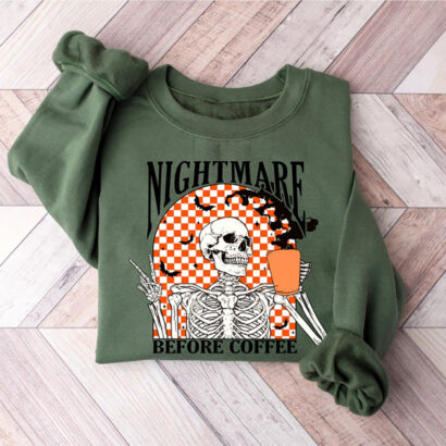 Skeleton Halloween Shirt Coffee Fall Shirt, Fall Sweatshirt for Women skeleton sweatshirt