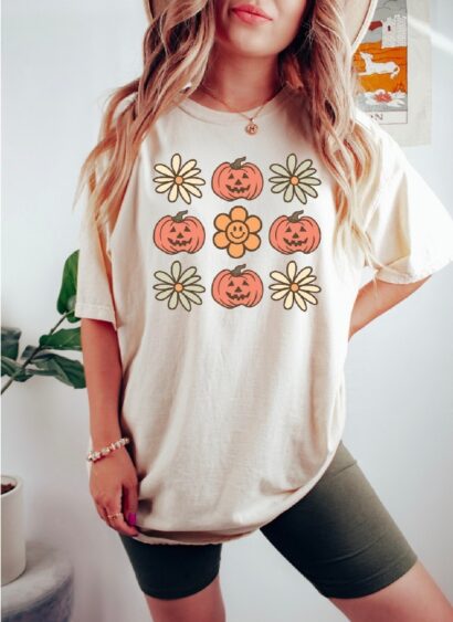 90's Retro Pumpkin Flower Shirt For Halloween, Fall Shirt For Women, Cute Pumpkin Tee