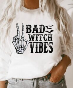 Bad Witch Vibes Halloween Shirt, Cute Women's Halloween Sweatshirt, Skeleton Peace Sign Hands