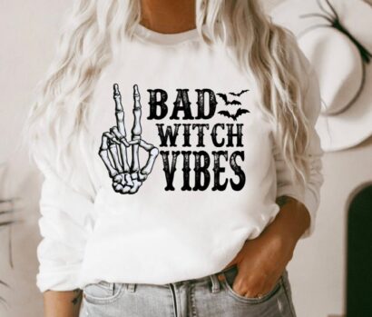 Bad Witch Vibes Halloween Shirt, Cute Women's Halloween Sweatshirt, Skeleton Peace Sign Hands