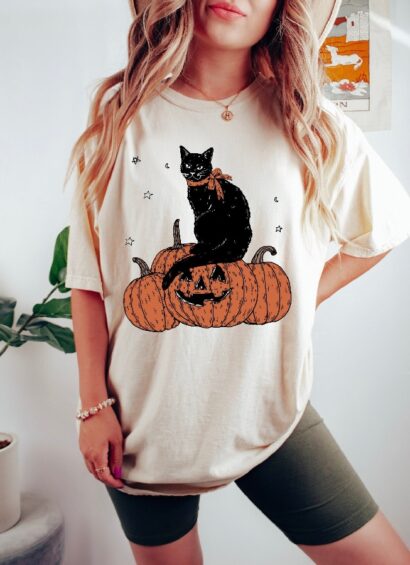 Black Cat On Pumpkin Shirt, Shirt For Fall, Halloween Black Cat Design