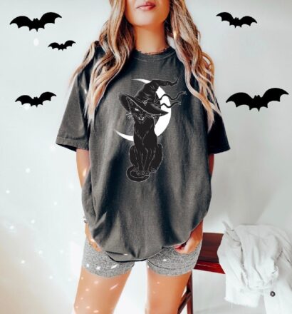 Black Cat Witch Halloween Shirt, Spooky T-shirt