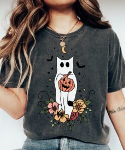 Cat Ghost Halloween Shirt, Women Pumpkin Halloween Shirt, Funny Halloween Ghost Shirt