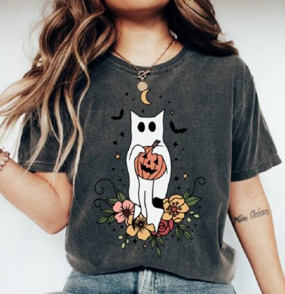 Cat Ghost Halloween Shirt, Women Pumpkin Halloween Shirt, Funny Halloween Ghost Shirt