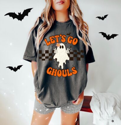 Comfort Colors Women's Retro Halloween Shirt, Let's Go Ghouls Shirt