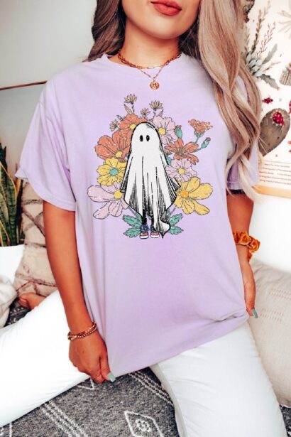 Flower Ghost Shirt, Women's Halloween Shirt, Cute Floral Ghost Shirt