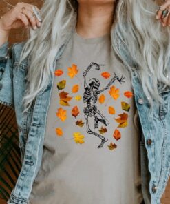 Dancing Skeleton Shirt, Fall Leaves Shirt For Women, Funny Halloween Skull Shirt