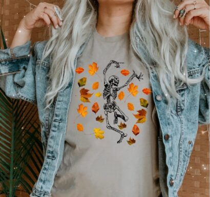 Dancing Skeleton Shirt, Fall Leaves Shirt For Women, Funny Halloween Skull Shirt