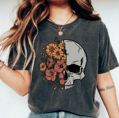 Floral Skeleton Shirt, Halloween Skull Shirt, Womens Halloween Shirt