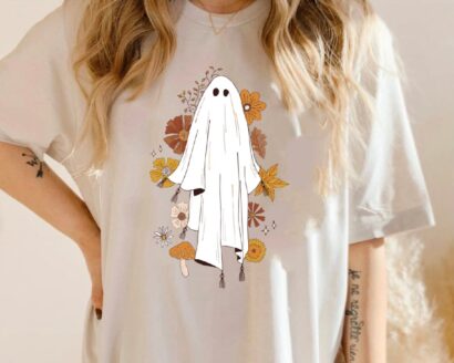 Floral Ghost Halloween Shirt, Halloween Fall Shirt For Women, Oversized Spooky Ghost Tee