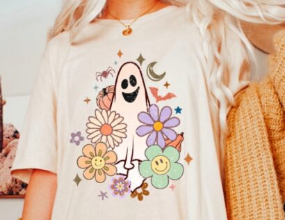 Happy Halloween Boho Shirt, Vintage Flower Ghost Halloween Shirt