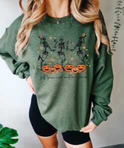 Dancing Skeleton Cute Pumpkins Halloween Sweatshirt, Womens Harvest Pumpkin Shirt