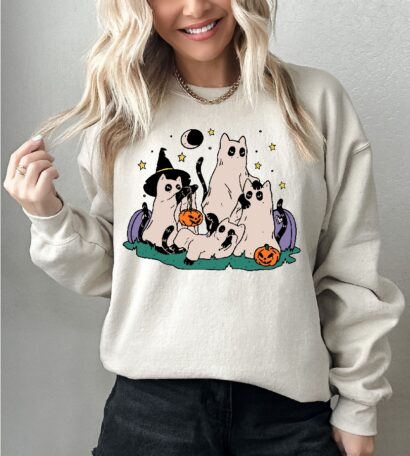 Ghost Cat Halloween Shirt, Halloween Cat Sweatshirt, Cute Black Cat Shirt