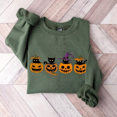 Halloween Cute Cats Sweatshirt, Pumpkin Halloween Shirt