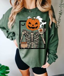 Halloween Pumpkin Coffee Sweatshirt, Cute Skeleton Halloween Shirt