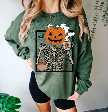 Halloween Pumpkin Coffee Sweatshirt, Cute Skeleton Halloween Shirt