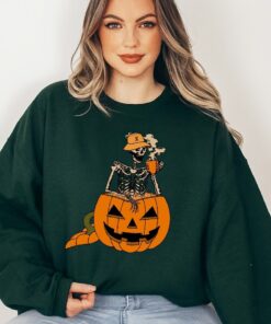 Pumpkin Skeleton Sweatshirt, Skull Halloween Sweatshirt