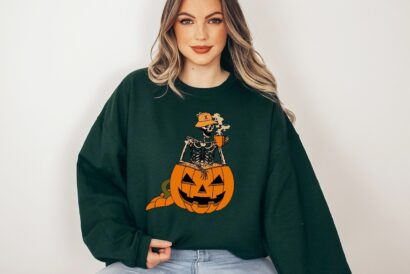 Pumpkin Skeleton Sweatshirt, Skull Halloween Sweatshirt