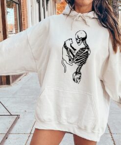 Skeleton And Cat Hoodie, Halloween Sweatshirt