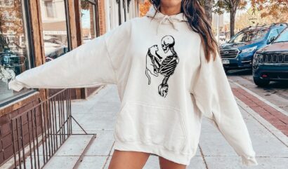 Skeleton And Cat Hoodie, Halloween Sweatshirt