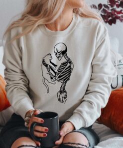 Skeleton And Cat Hoodie, Halloween Sweatshirt