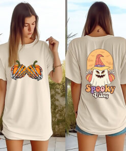 Skeleton Hands On Pumpkin Boobs Shirt, 2 Side Cute Halloween T-shirt, Spooky Vibes Shirt, Halloween Costume, Retro Ghost Tee