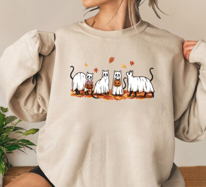 Halloween Cat Sweatshirt, Halloween Ghost Cat Shirt