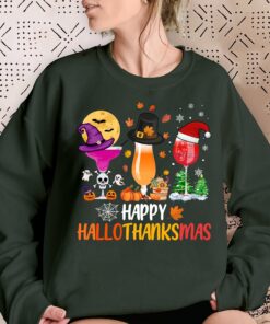 Happy Hallothanksmas Wine Shirt Sweatshirt, Halloween Wine Glases Shirt